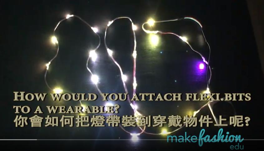 LED light strand glowing beside "How would you attach flexi.bits to a wearable?" text