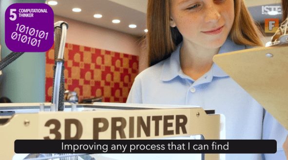 Video still of a student at a 3D printer with 'Computational Thinker' caption