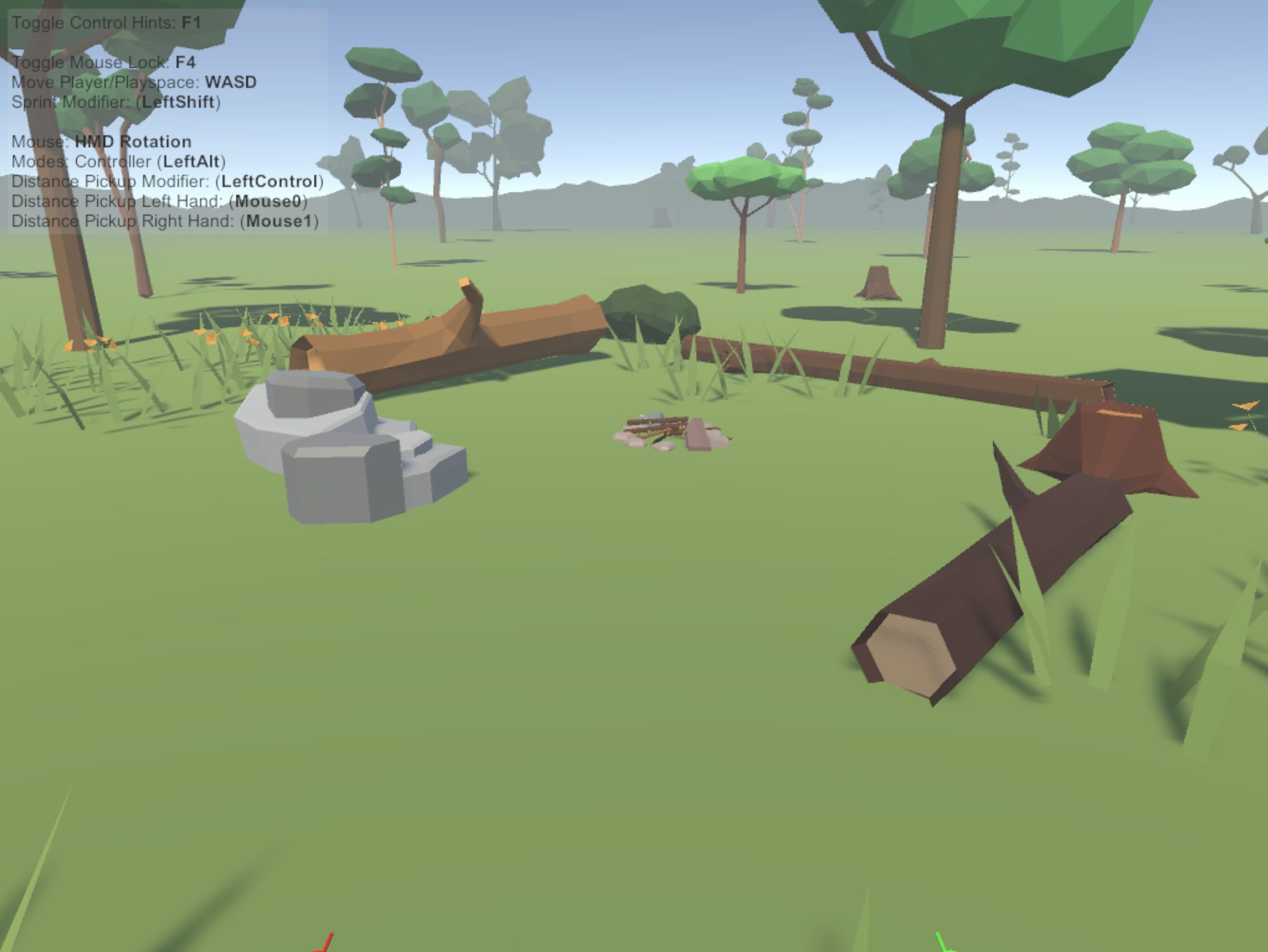 Low-poly forest scene with VR control hints overlaid