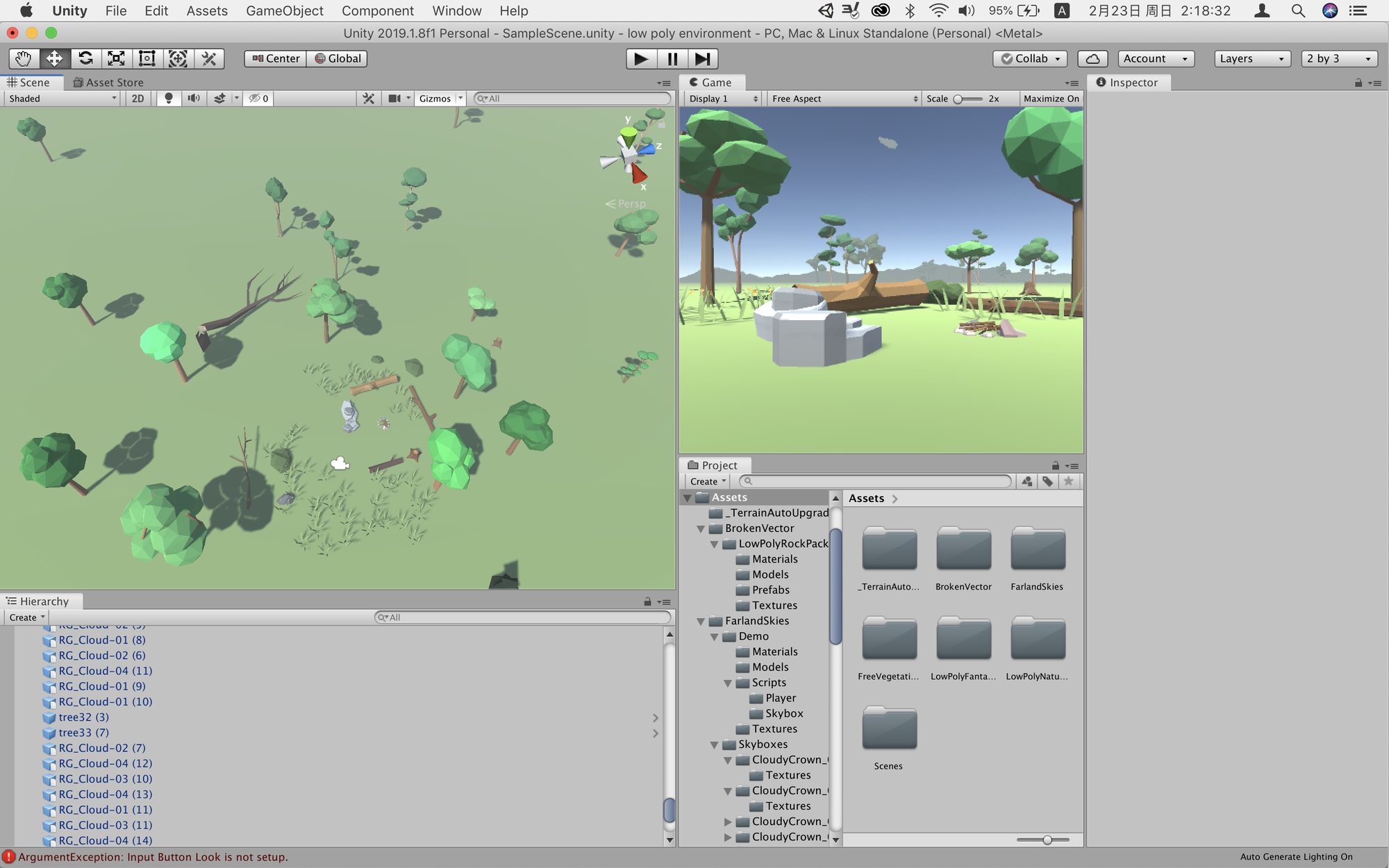 Unity editor showing the low-poly forest scene and game view