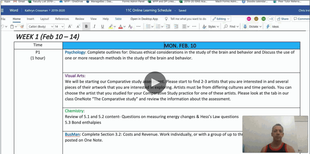 Online learning schedule table with a video play button overlay