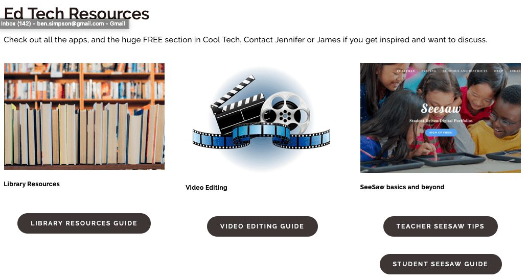 Ed Tech Resources webpage listing library, video editing, and SeeSaw guides