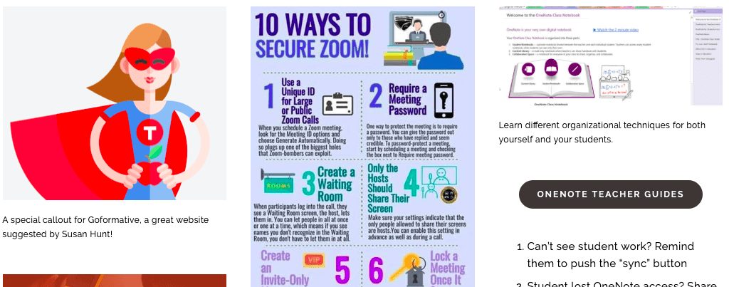 Website columns showing a Zoom security infographic, teacher illustration, and OneNote guide
