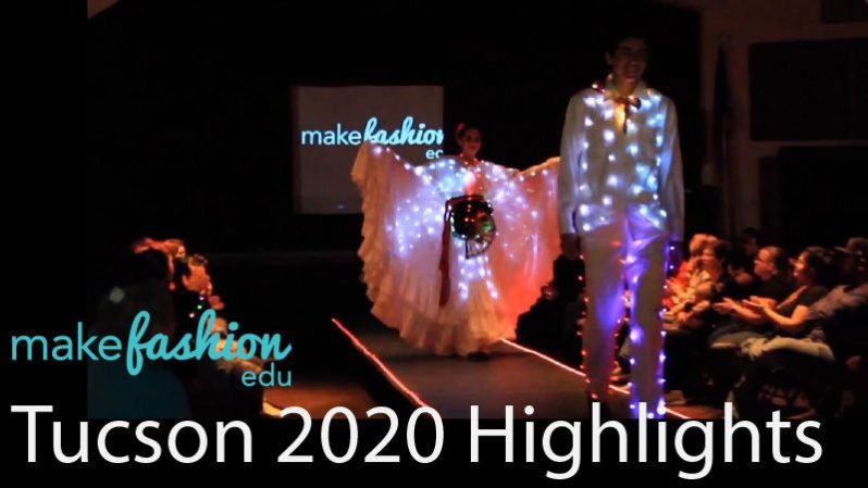 Student models in illuminated costumes on runway, titled 'Tucson 2020 Highlights'