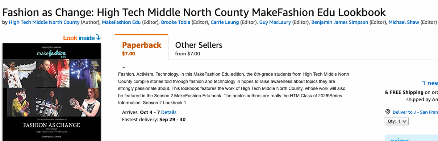 Amazon listing for the 'Fashion as Change' MakeFashion Edu lookbook