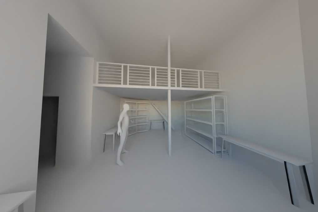 Grayscale 3D scan of a loft room with a human figure model and shelving