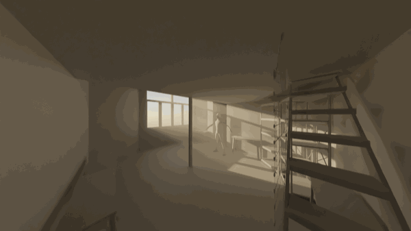 3D render of a mezzanine loft with railing and storage shelves