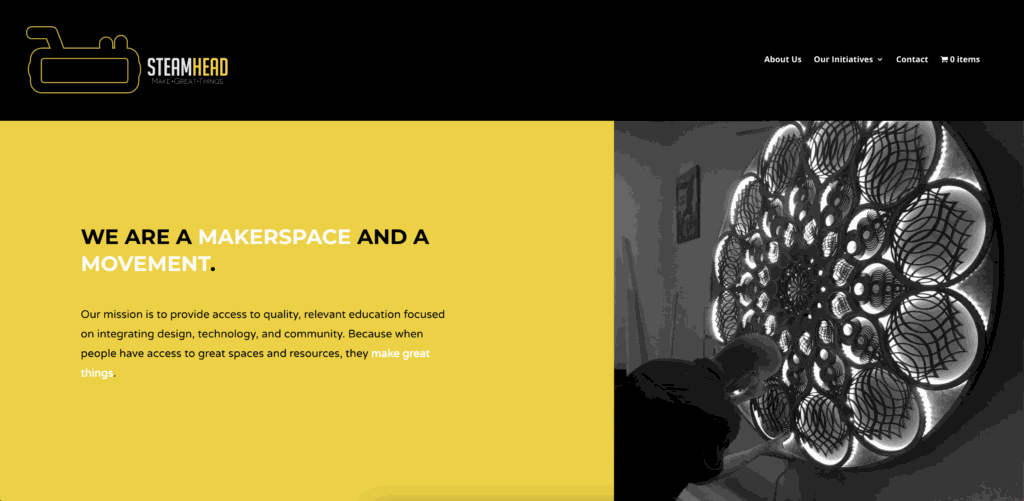 Screenshot of the redesigned SteamHead homepage with a mission statement and lit sculpture