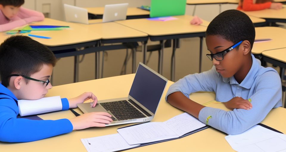 Two students at desks, one using a laptop, in a classroom
