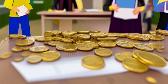 Illustration of gold coins on a desk with cartoon students nearby