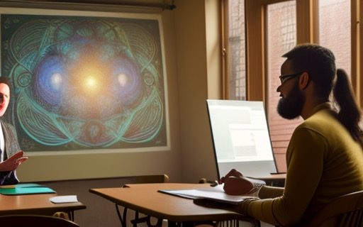 AI-generated illustration of two educators in a video call with a glowing mandala screen