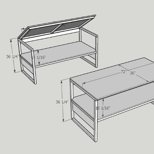 Mobile Makerspace chapter 7: CAD sketch of a wooden bench and table build with dimension labels